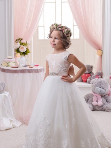 Discount Ivory Ball Gown Bateau Neck Chapel Train V-Back Flower Girl Dress UK