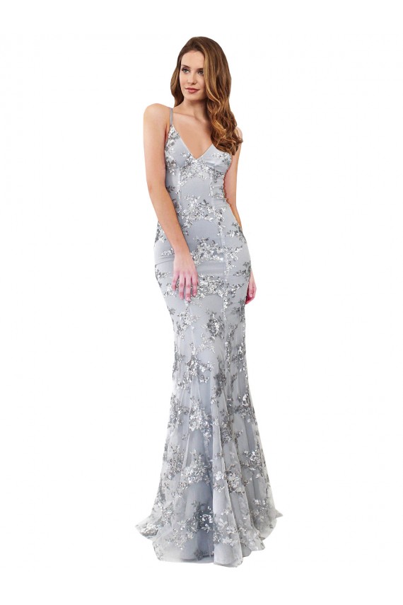 Discount Silver V-Neckline Backless Floral Patterned Sequin Formal Bridesmaid Dress / Prom Dress UK