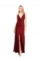Discount Floor Length Deep V-Back Formal Stretch Satin Bridesmaid Dress / Prom Dress with Front Slit UK